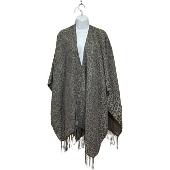 Woolrich Gray Leopard Print Fringe Poncho Wrap Scarf Cardigan Blanket - Picture 1 of 4